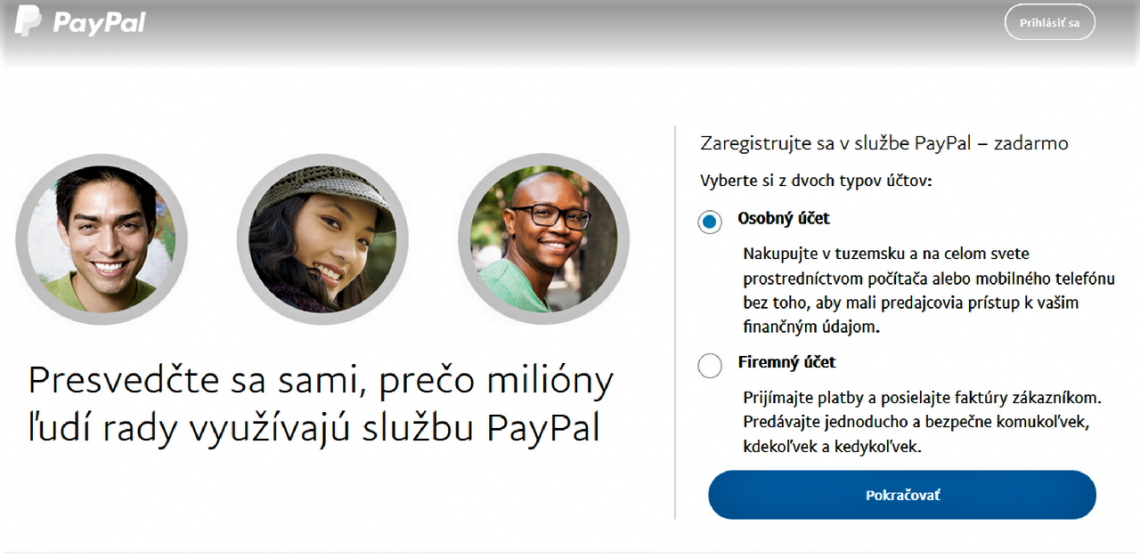 voľba účtu na PayPal 